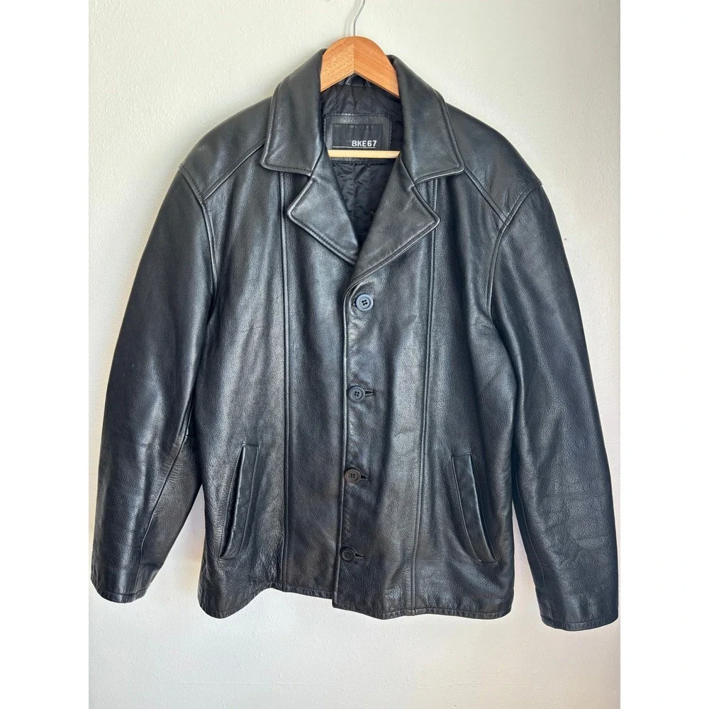 BKE 67‎ Mens Black Genuine Leather Button Front Quilted Lined Car Coat Jacket M